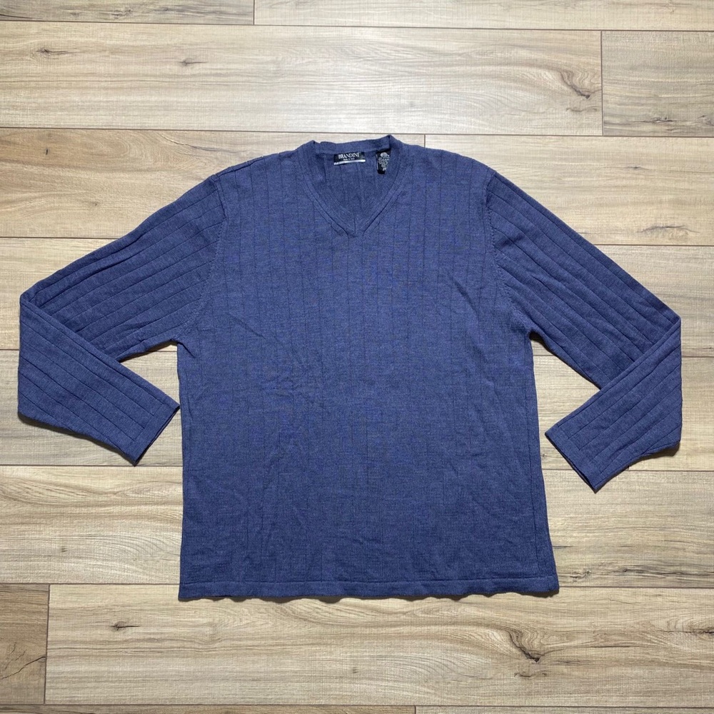 Brandini Mens‎ Extra Fine Merino Wool Ribbed Long Sleeve Sweater Size XXL Blue